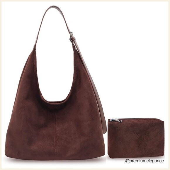 Handbags - Large Faux Suede Hobo Tote Bag with Adjustable Strap and Pouch